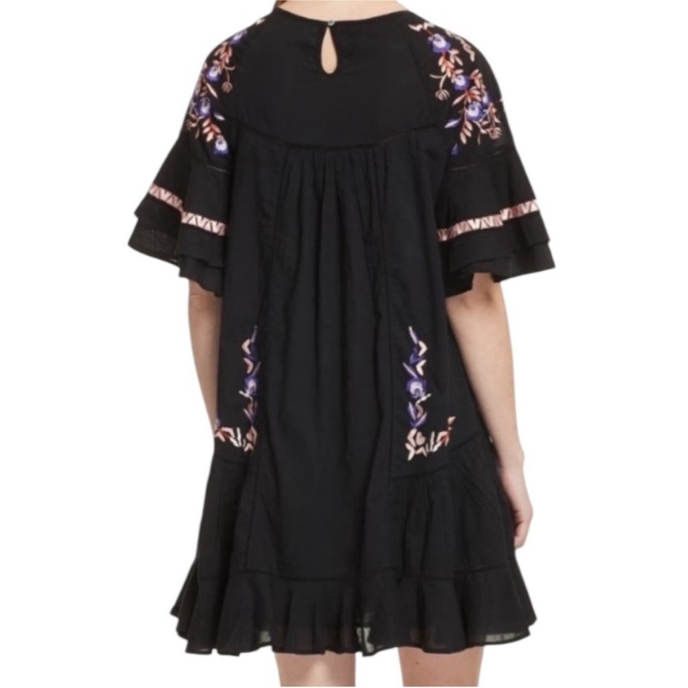 Free People Black Mini Dress with Purple & Blush Floral Embroidery SZ XS - Picture 2 of 5